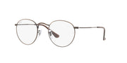 Round prescription eyewear frames with clear lenses, thin metal rims and angled temple arms