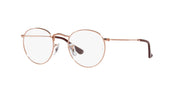 Rose gold round prescription eyewear frames, side view with dark temples