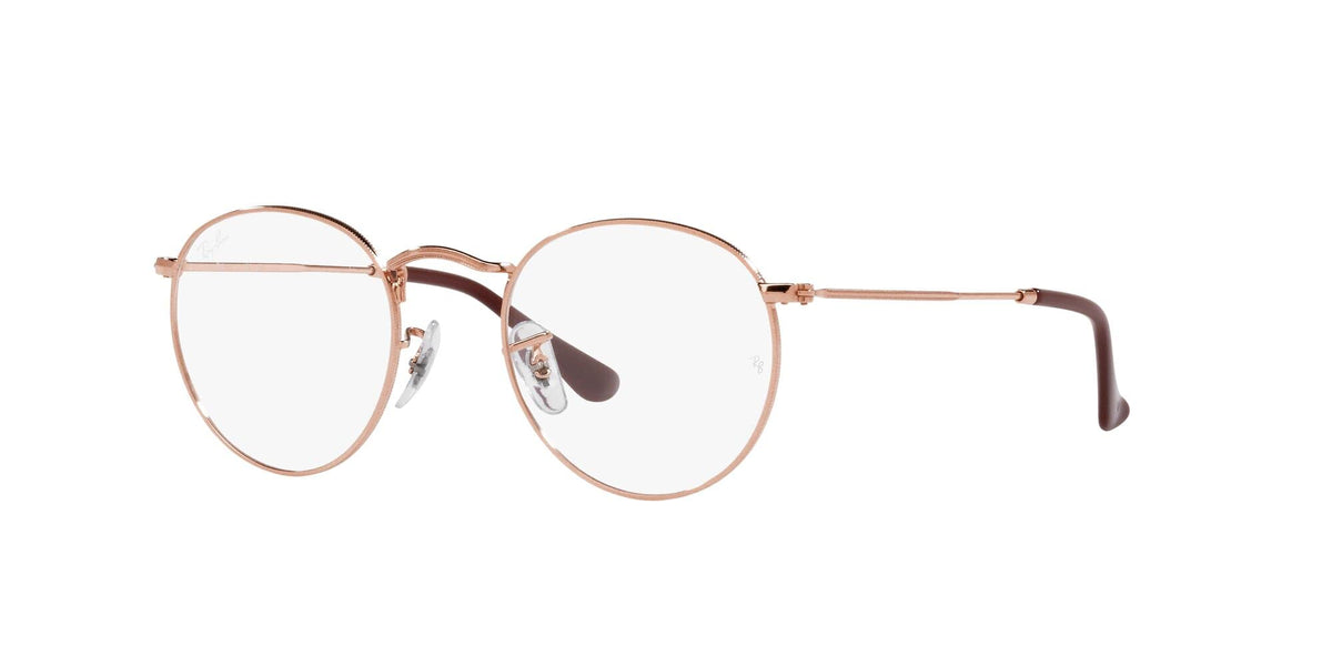Rose gold round prescription eyewear frames, side view with dark temples