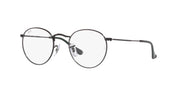 Round metal eyeglass frames with clear demo lenses, dark gunmetal temples (angled front view)