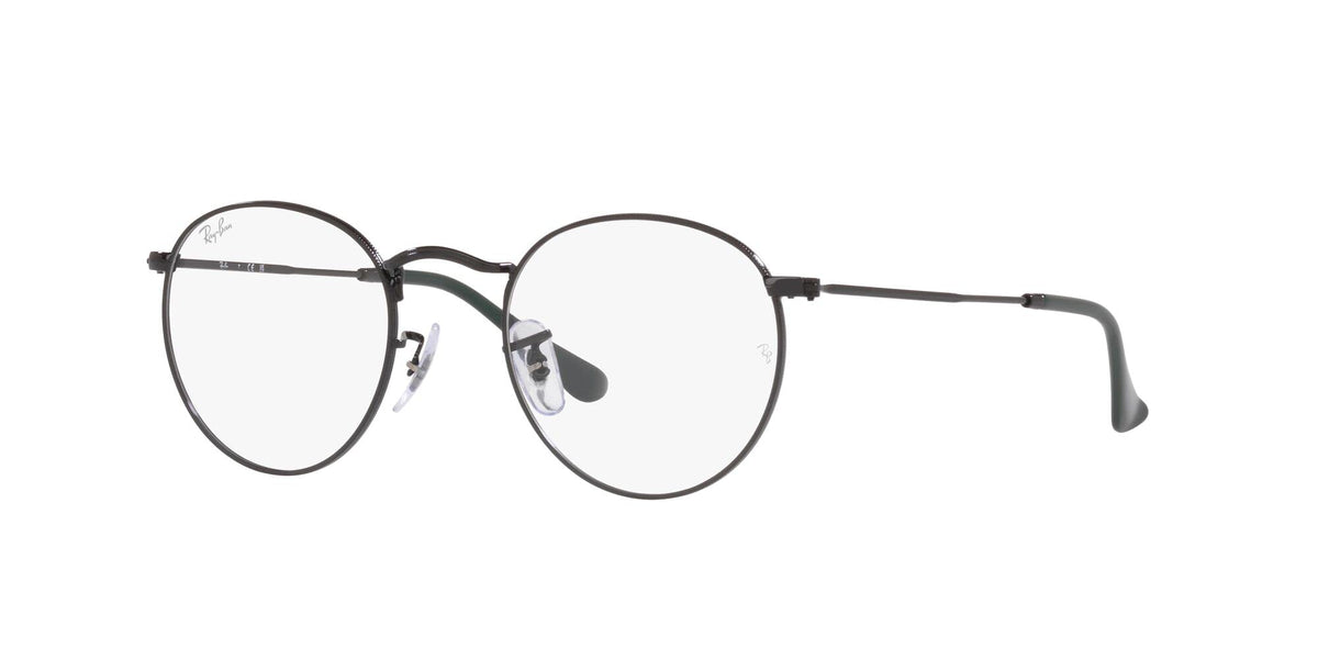 Round metal eyeglass frames with clear demo lenses, dark gunmetal temples (angled front view)