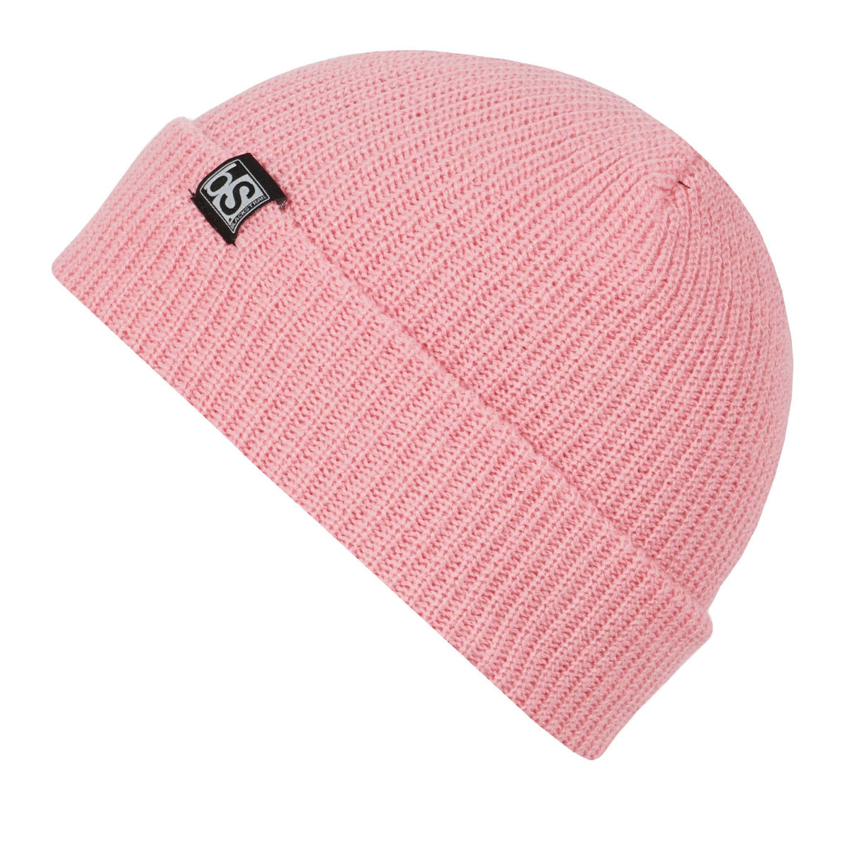 BLACKSTRAP beanie hat, pink rib knit with black brand patch