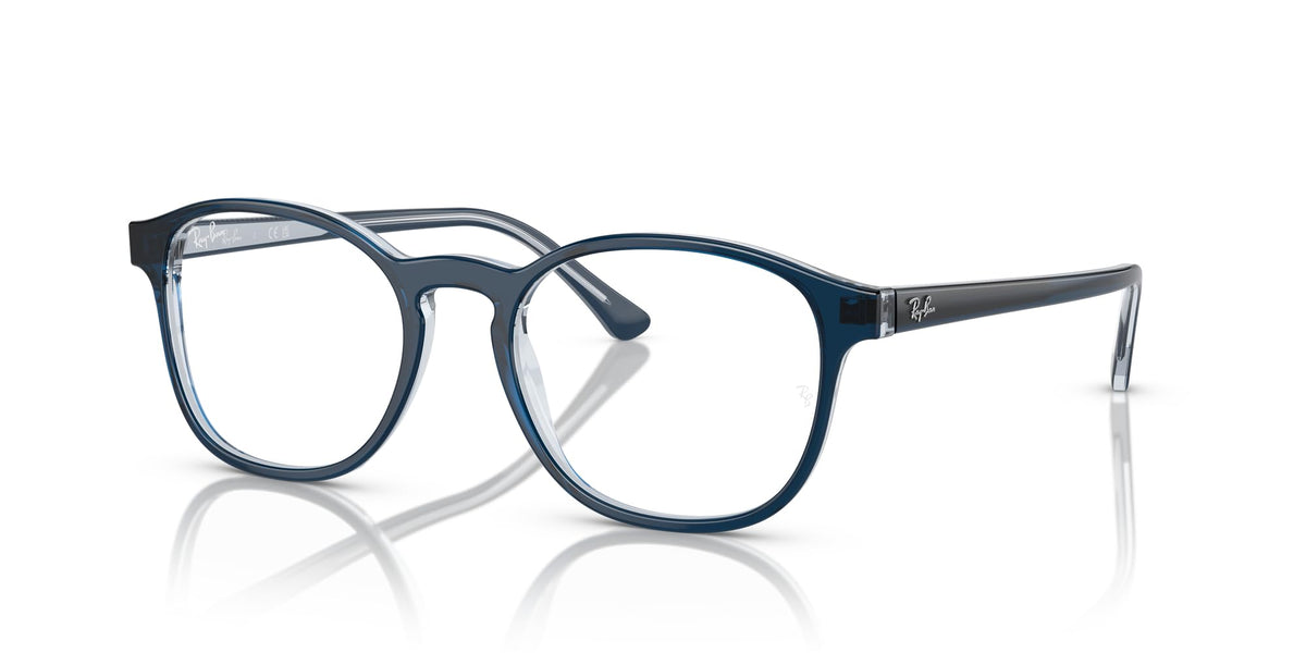 Ray-Ban prescription eyewear frames, blue, angled side view with round lenses