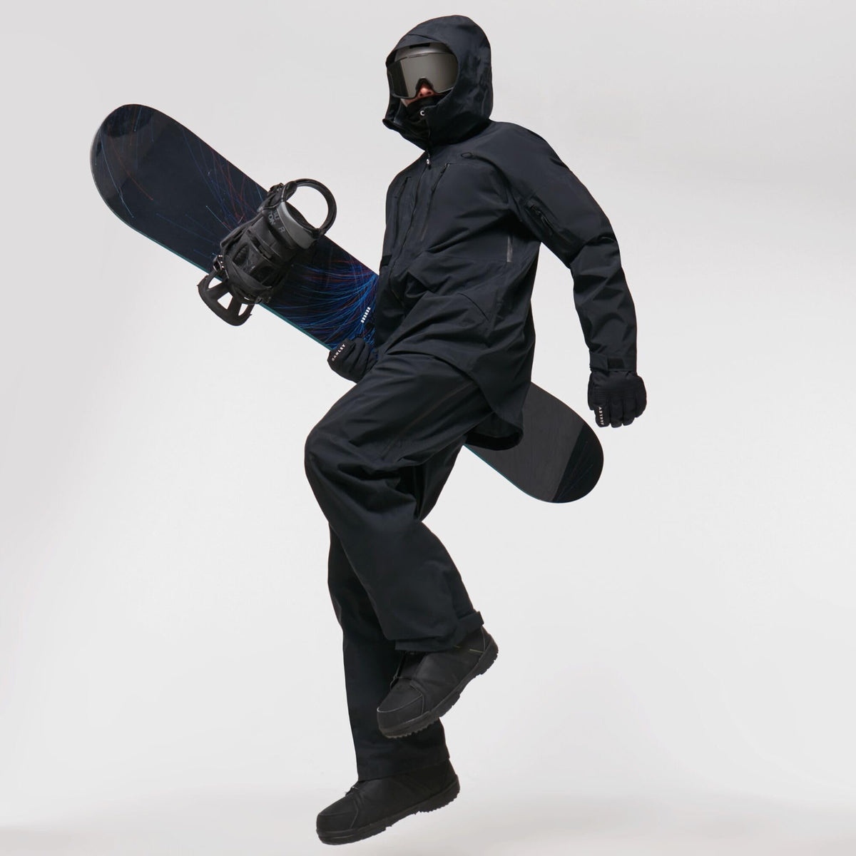 Black hooded shell jacket with full-zip front, zip pockets, and articulated sleeves