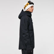 Black hooded shell jacket with adjustable hood and cuff, full-zip front