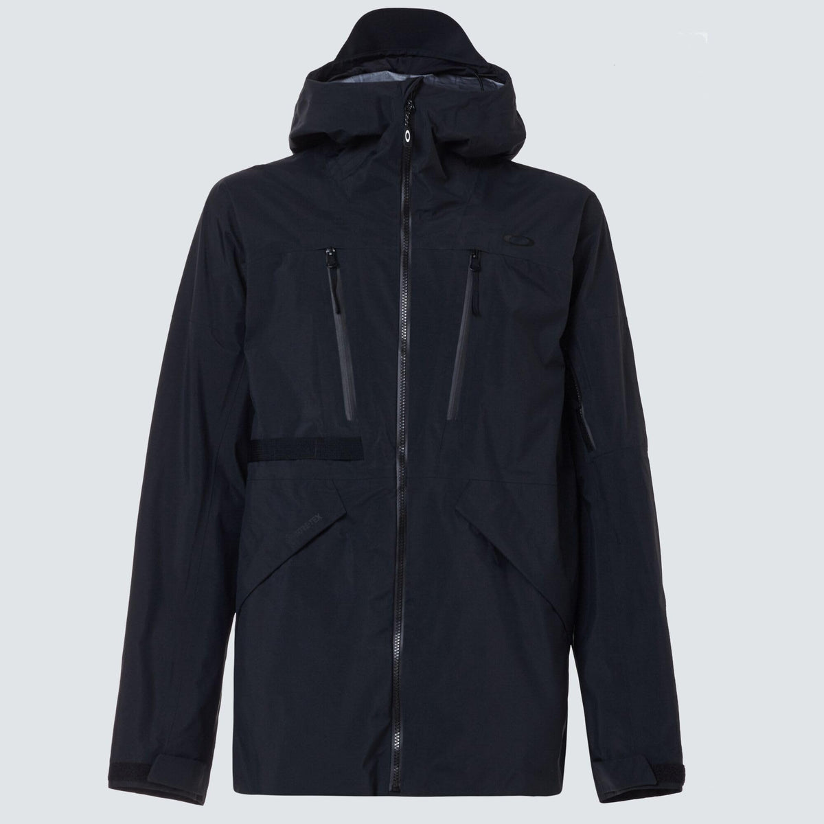 Black hooded shell jacket with full front zip, storm flap, and two zip pockets