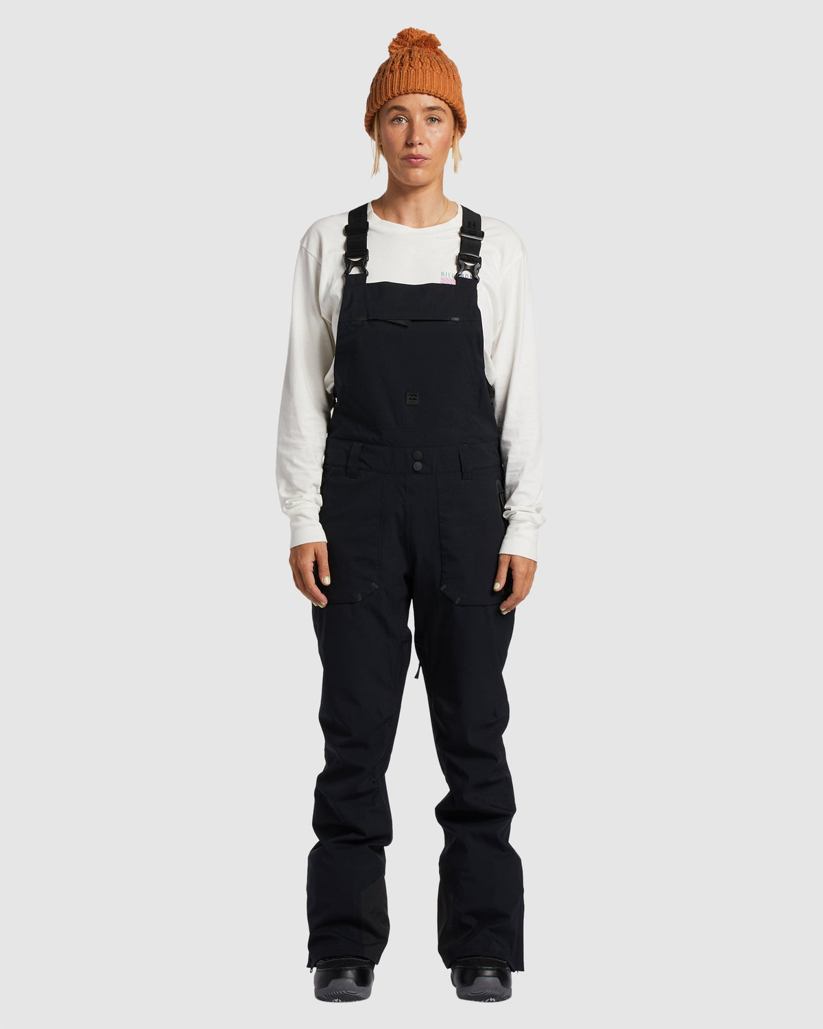 Black ski bib overalls with adjustable shoulder straps and front chest pocket