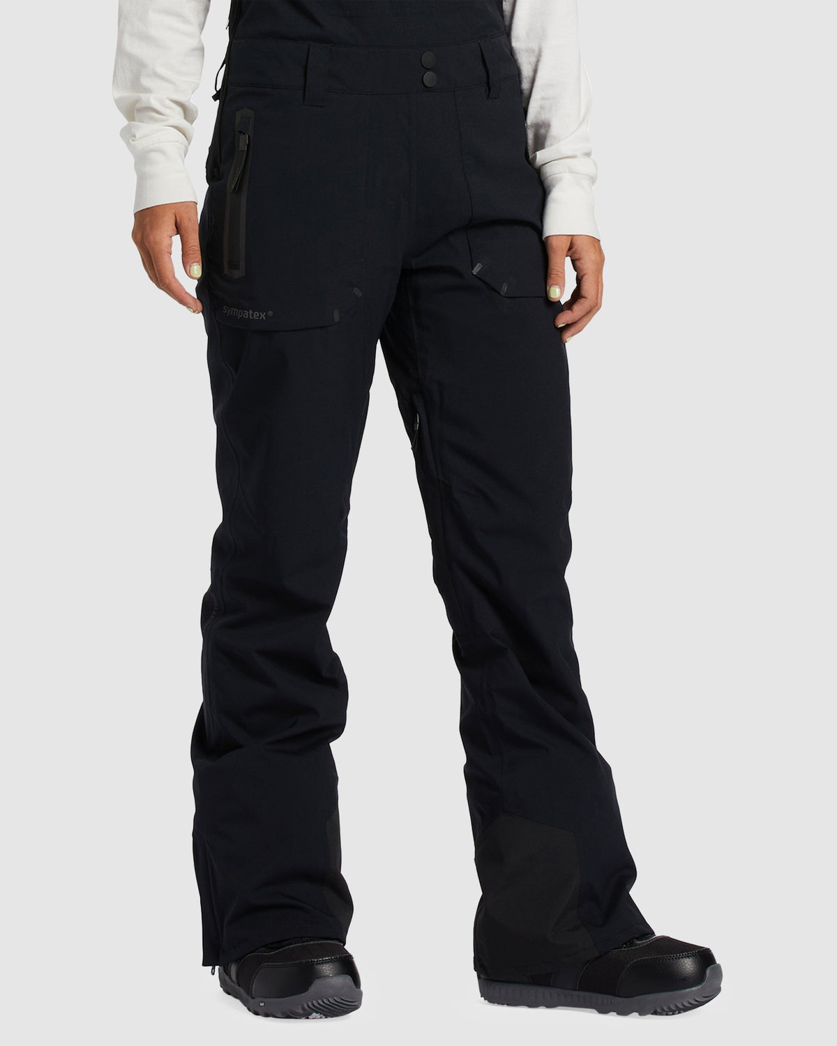 Black ski pants bib overalls with side hand pockets and utility thigh panel