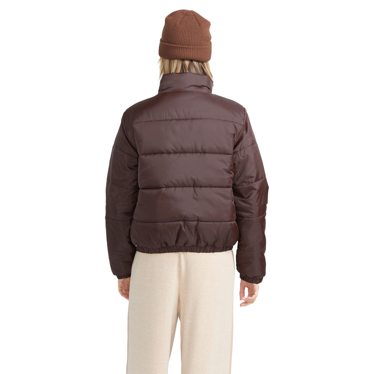 Women's dark brown quilted puffer zip jacket, back view