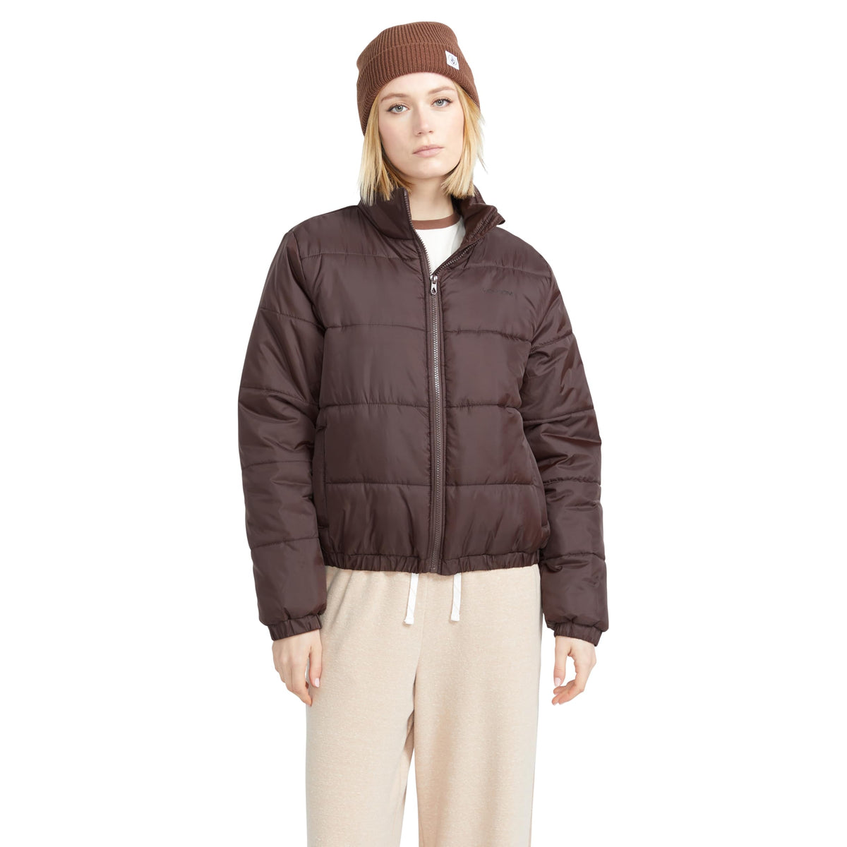 Women's dark brown quilted puffer zip jacket with high collar