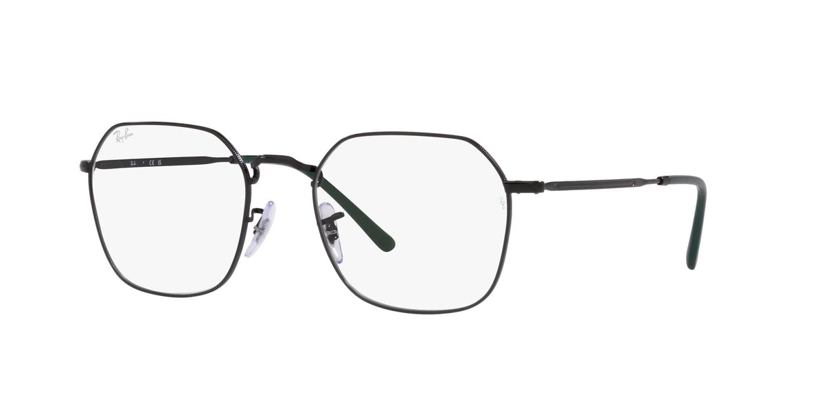 Ray-Ban prescription frames with dark metal and clear lenses, side angle