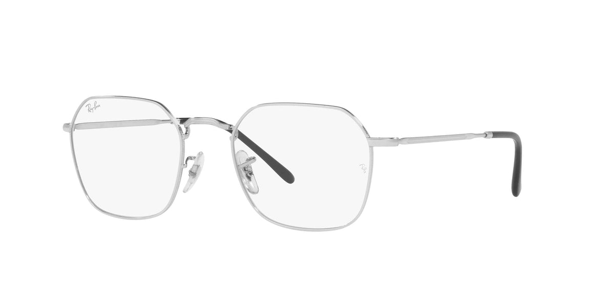 Silver eyeglass frames with clear lenses and rounded square shape, side profile view.