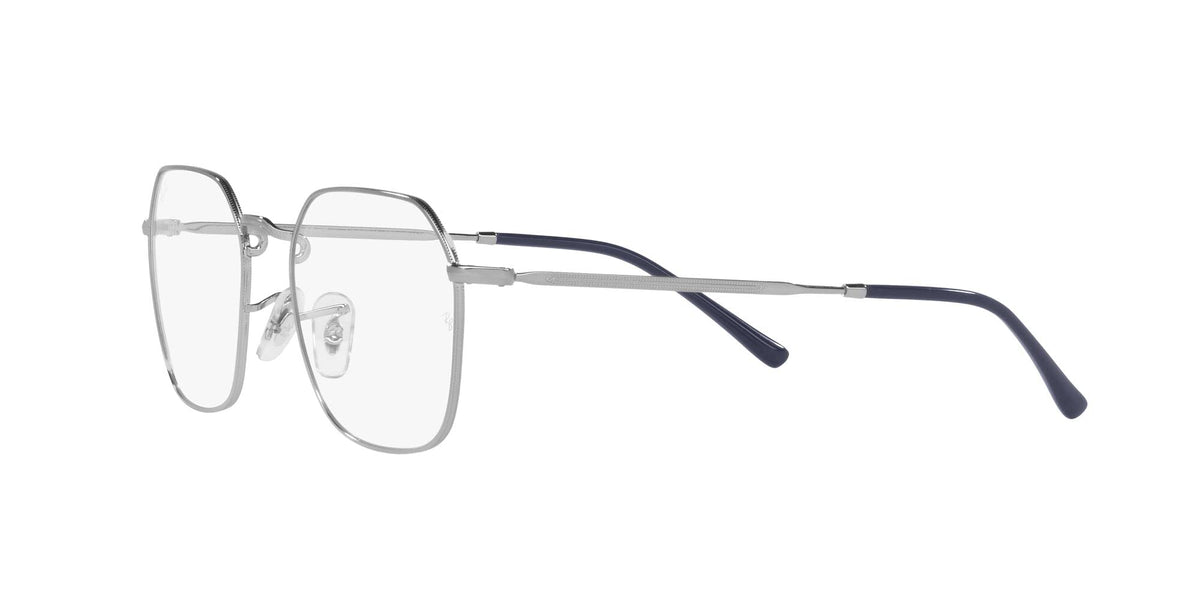 Silver eyeglass frames with dark blue temple arms and clear lenses, side angled view.