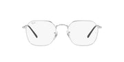 Silver eyeglass frames with clear lenses and rounded square shape, straight-on view.