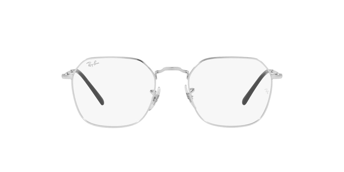 Silver eyeglass frames with clear lenses and rounded square shape, straight-on view.