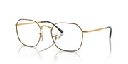 Prescription eyeglass frames with dark front, gold temples, and clear lenses