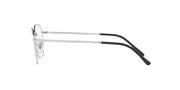 Clear silver eyeglass frames with black temple accents and oval lenses, side view.