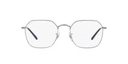 Clear eyeglass frames with rounded square lenses and small metal hinges, front view.