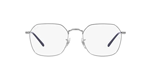 Clear eyeglass frames with rounded square lenses and small metal hinges, front view.