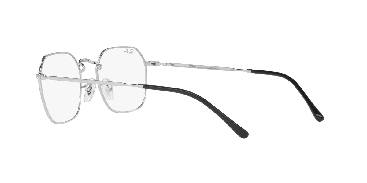 Clear silver eyeglass frames with black curved temples and clear lenses, angled view.