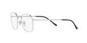 Silver eyeglass frames with dark accents on temples and clear oval lenses, side view.