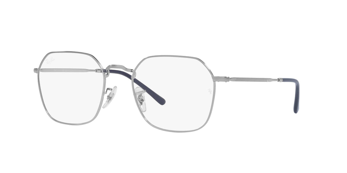 Prescription eyeglass frames with light gray front and blue-tinted arms