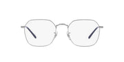 Clear eyeglass frames with rounded square lenses and subtle blue hinge accents, front view.