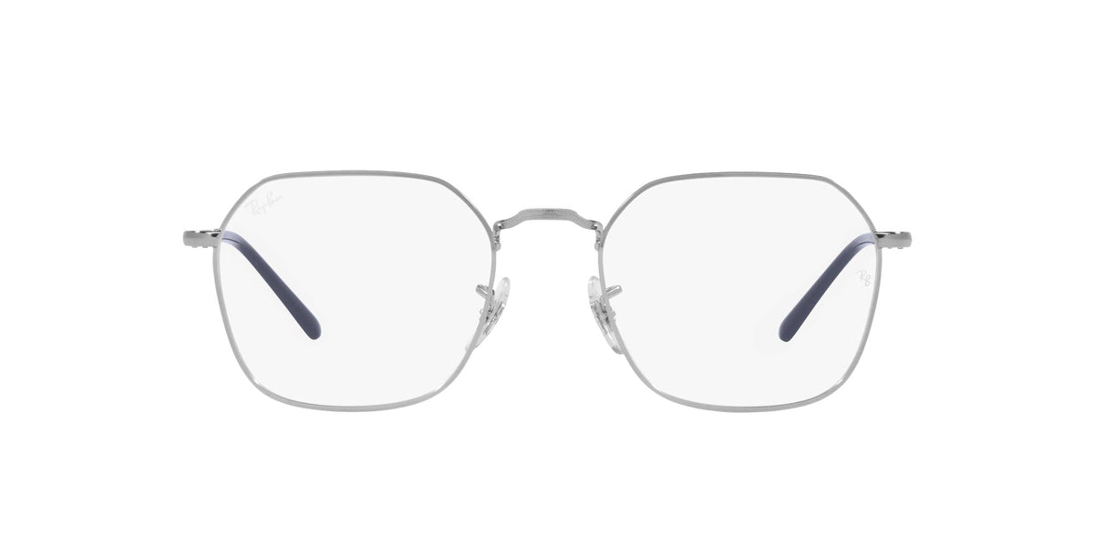Clear eyeglass frames with rounded square lenses and subtle blue hinge accents, front view.