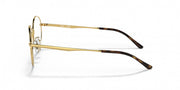Ray-Ban round prescription frames, gold metal with striped tortoise arms (side view)