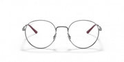 Ray-Ban round prescription frames, dark metal with maroon temple tips (front view)