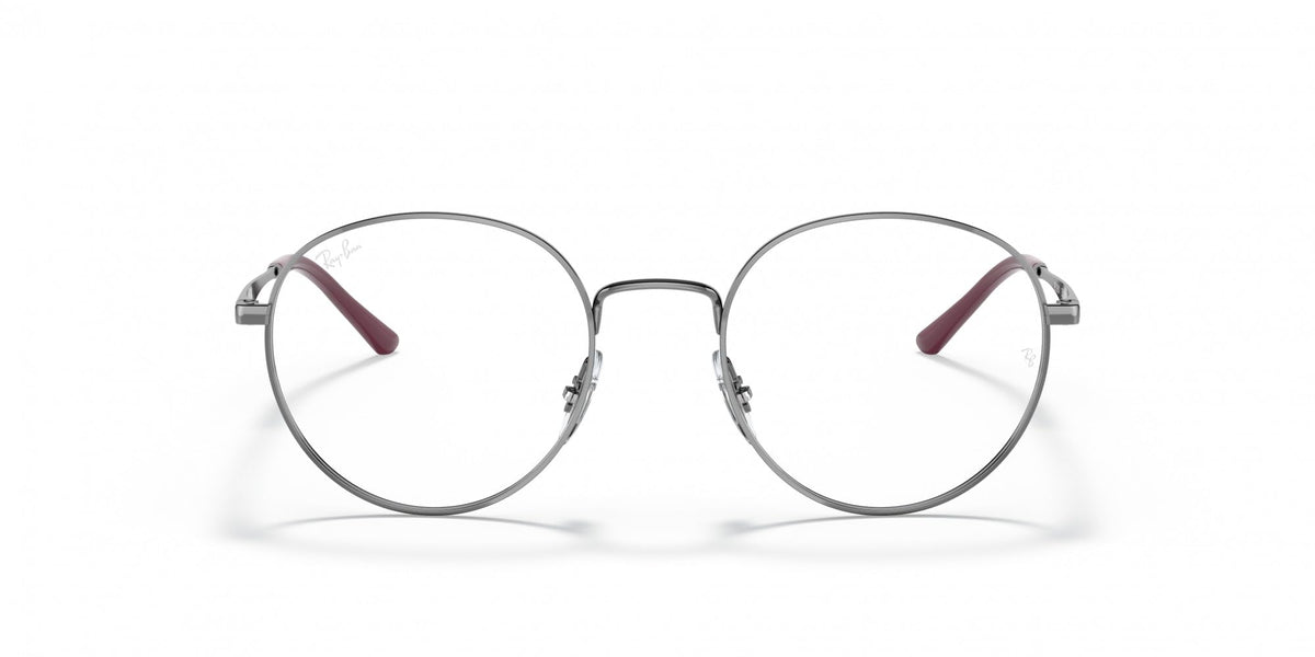 Ray-Ban round prescription frames, dark metal with maroon temple tips (front view)