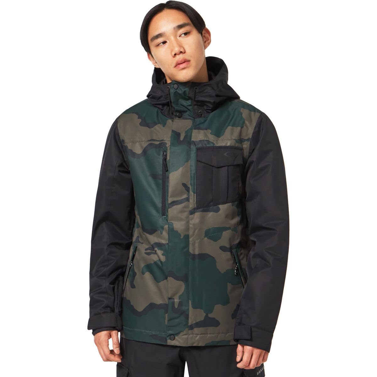 Insulated hooded jacket with green camo pattern, front zip, and large chest pocket