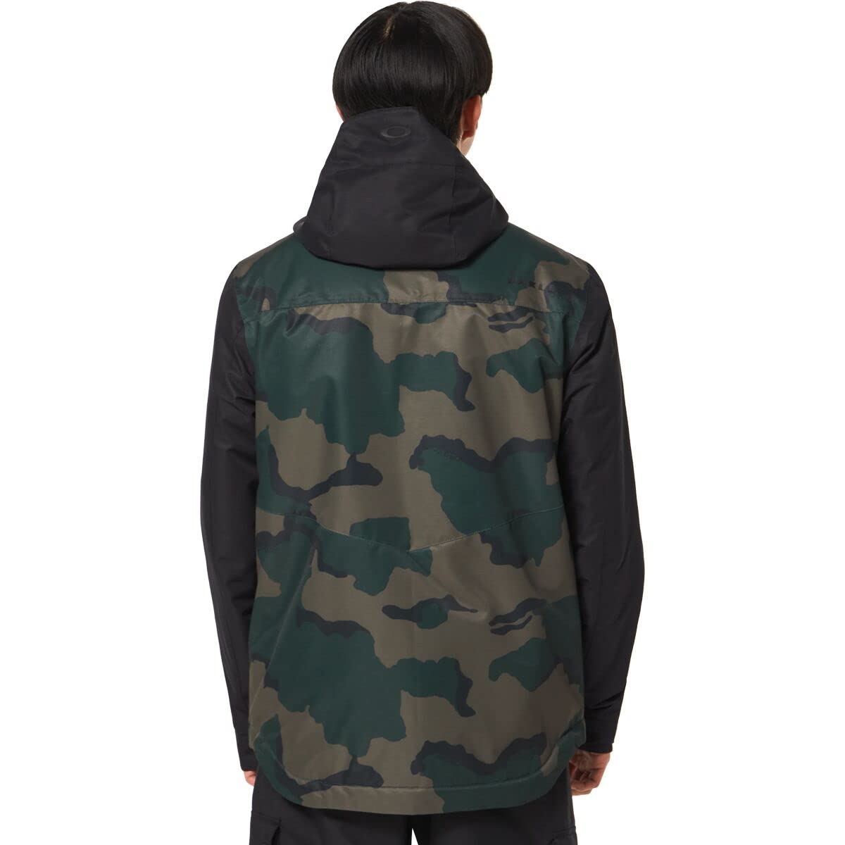 Back view of insulated hooded jacket with green camo print