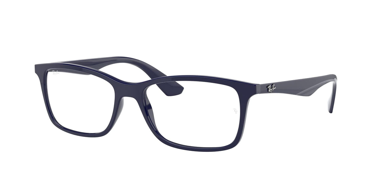 Ray-Ban prescription eyeglass frames, dark blue with rectangular lenses
