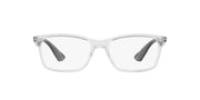 Clear full-rim eyeglass frames with gray temple accents