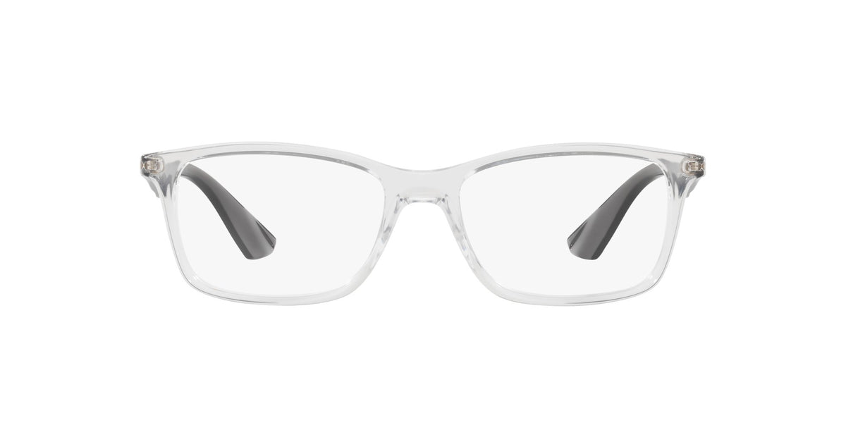 Clear full-rim eyeglass frames with gray temple accents