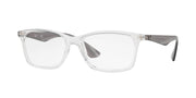 Transparent eyeglass frames with dark gray temple accents and full-rim design