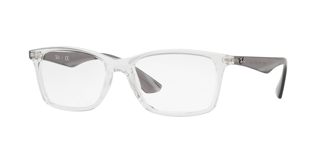 Transparent eyeglass frames with dark gray temple accents and full-rim design