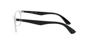 Clear-lens prescription eyewear frames with black temple arms, angled view