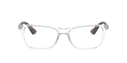 Transparent eyeglass frames with dark gray temple accents, rectangular square shape