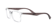 Clear eyeglass frames with dark brown top bar and curved temples