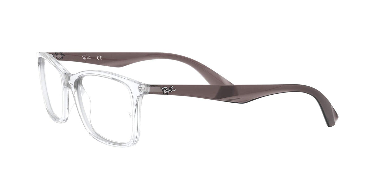 Clear eyeglass frames with dark brown top bar and curved temples