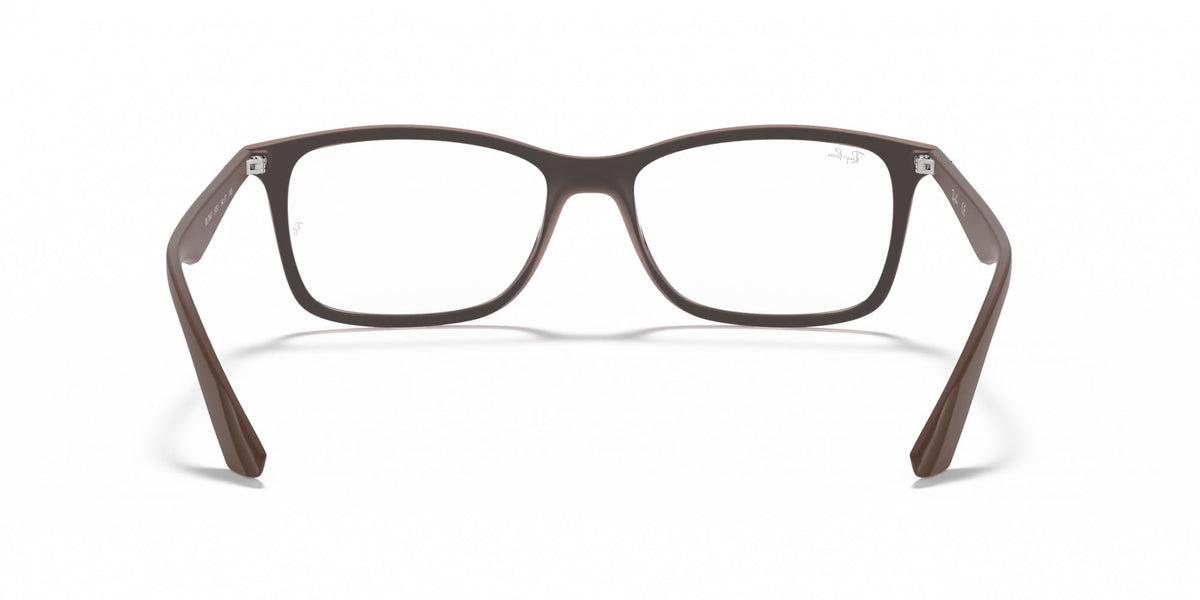 Black-brown rectangular prescription eyeglass frames with Ray-Ban logo on temples