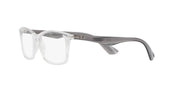 Clear eyeglass frames with dark brown temples and angular front bridge