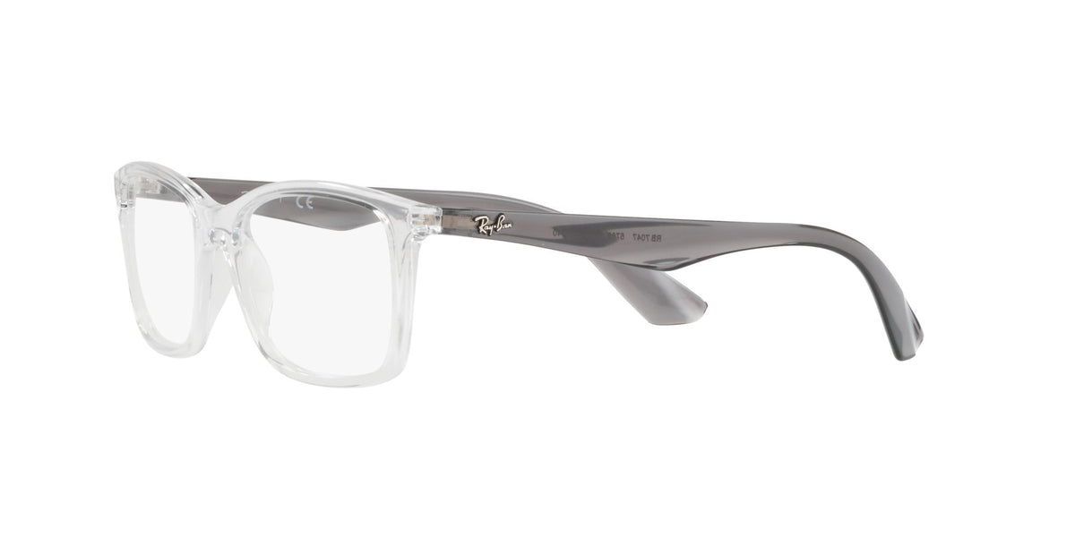 Clear eyeglass frames with dark brown temples and angular front bridge
