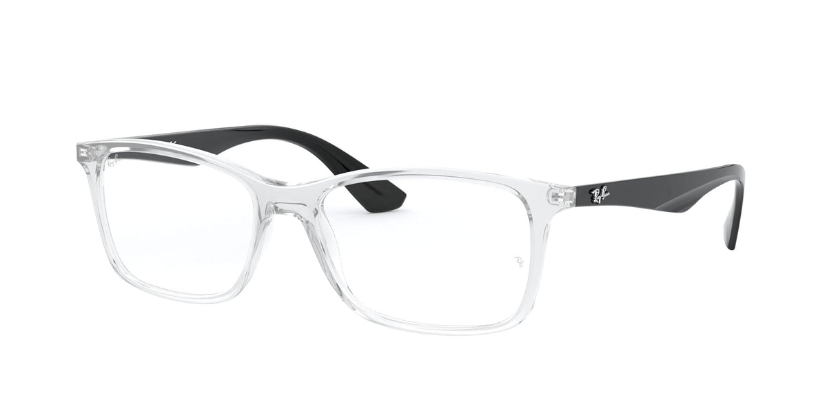 Clear prescription eyewear frames with black temples and hinged arms