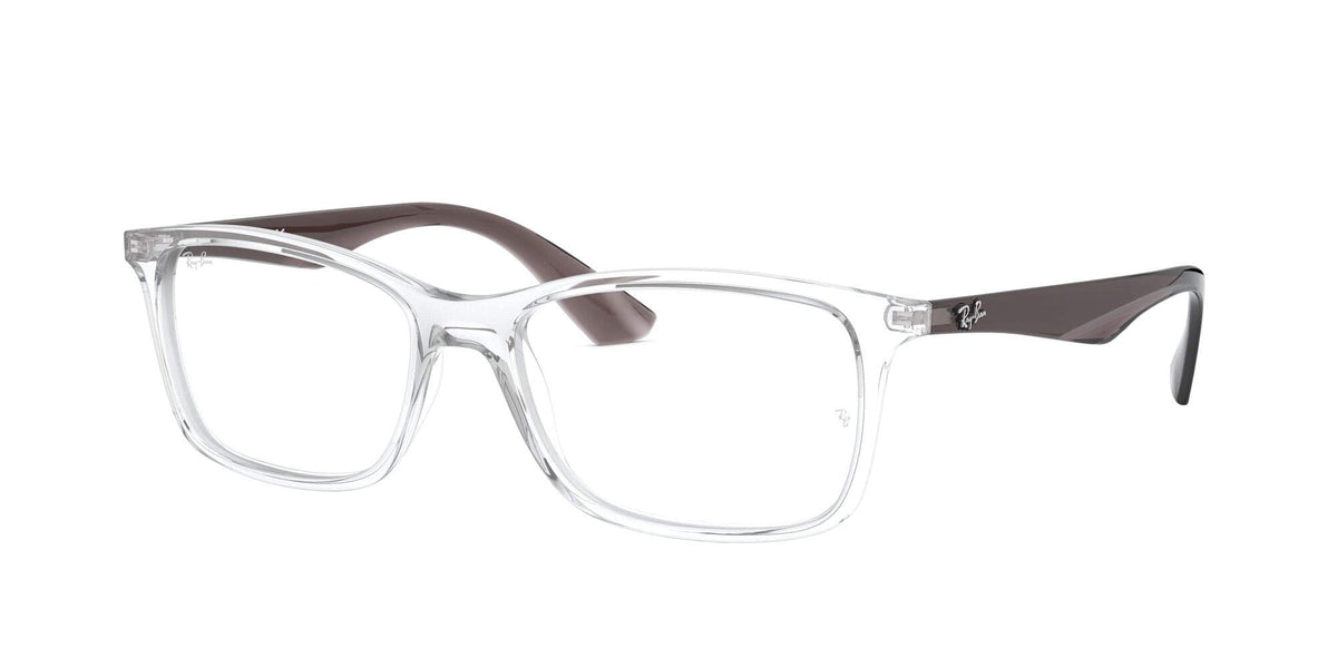 Clear eyeglass frames with dark brown temples and metal hinge detail