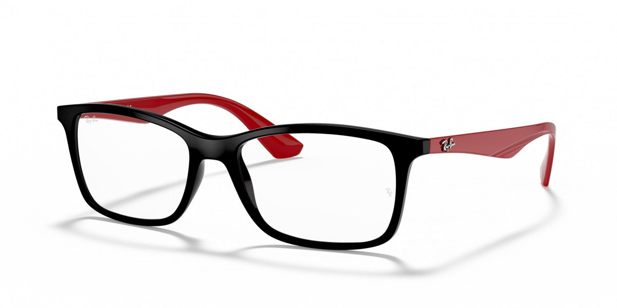 Ray-Ban RX7047 prescription frames with black front and red temple accents