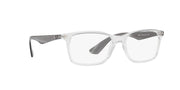 Clear eyeglass frames with dark gray temple accents, front view with nose bridge