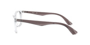 Clear eyeglass frames with dark brown temples and straight arm tips